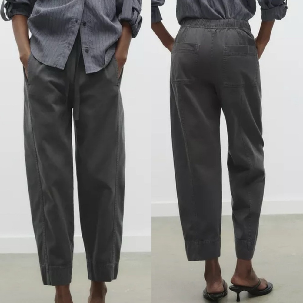 ZARA Women's Cotton Lyocell Blend Raw Hem Pants Elastic Tie Waist Size S‎ EUC